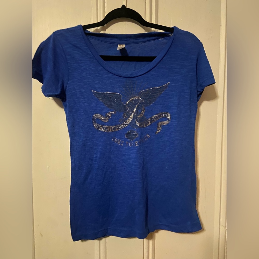 Vintage royal blue metallic foil Harley Davidson ladies t shirt size medium